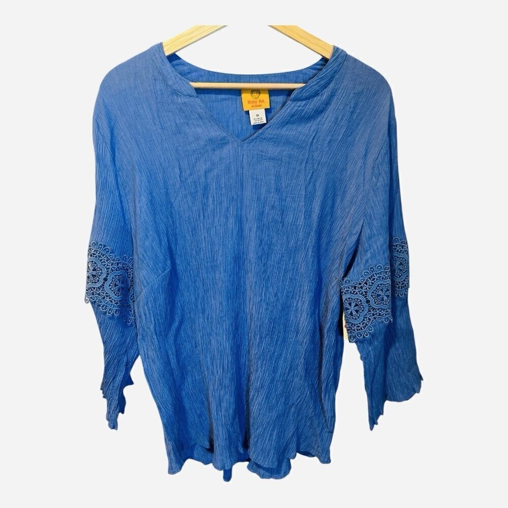 Ruby Rd. Crepe Blue Top Blouse Plus Size 1X Stretch 3/4 Sleeve